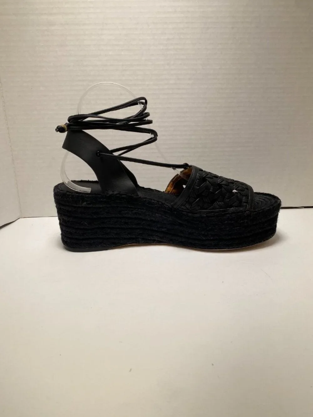 Tory Burch Women's Weave Strappy Lace up Black Espadrille Wedge Sz 11